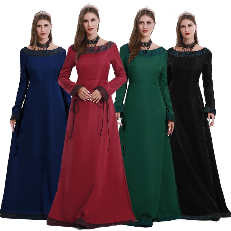 Medieval Renaissance Dress Women - 女性用、中世風ロングドレス、Vネック、長袖、レーストリム、床まで届く丈、ルネサンス祭りやコスプレに最適な衣装。