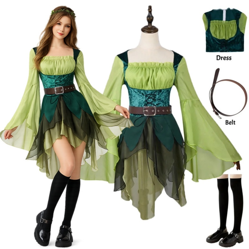 Medieval Renaissance Dress Women - 女性用エルフ中世風グリーンフェアリードレス 翼とベルト付き ハロウィンエルフロールプレイングコスチューム