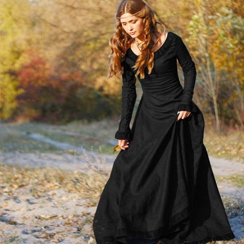 女性用、中世風ロングドレス、Vネック、長袖、レーストリム、床 - Medieval Renaissance Dress Women のレビューと価格