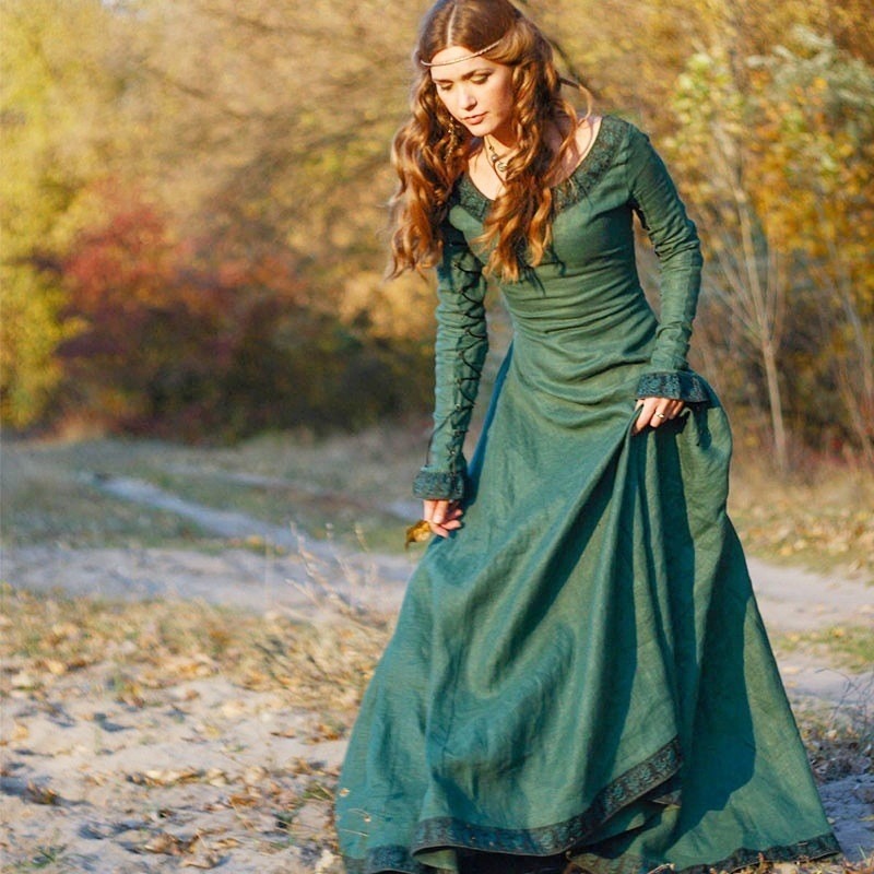 女性用、中世風ロングドレス、Vネック、長袖、レーストリム、床 - Medieval Renaissance Dress Women のレビューと価格