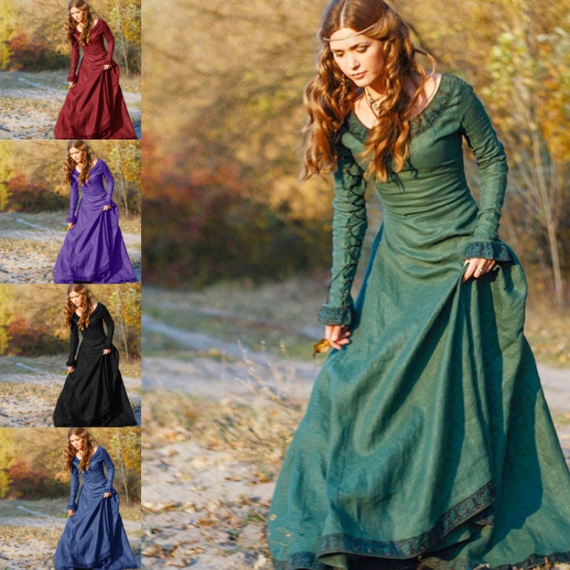女性用、中世風ロングドレス、Vネック、長袖、レーストリム、床 - Medieval Renaissance Dress Women のレビューと価格
