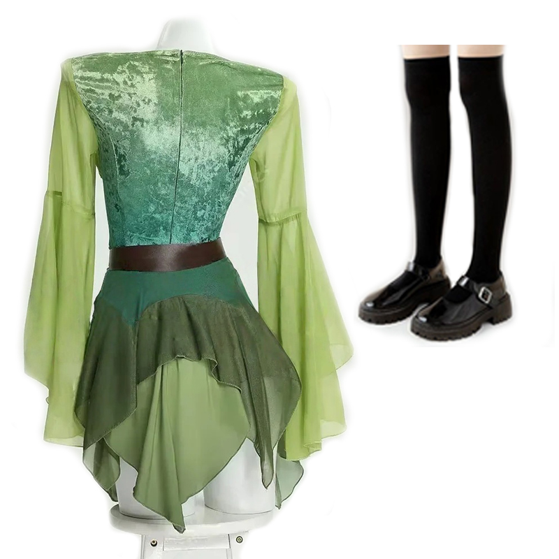 女性用エルフ中世風グリーンフェアリードレス 翼とベルト付き  - Medieval Renaissance Dress Women のレビューと価格