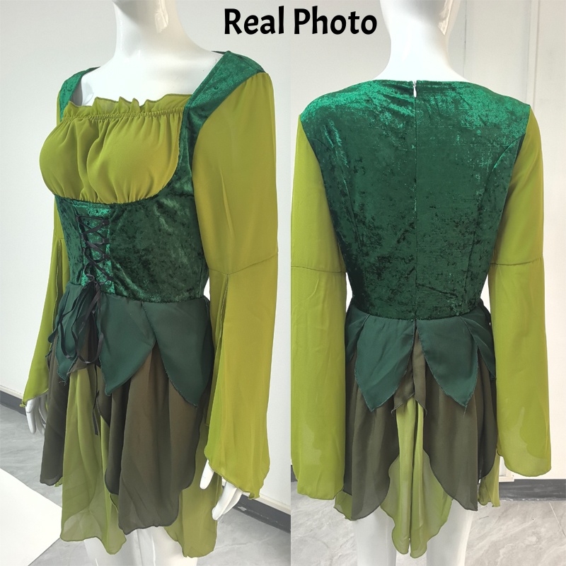 女性用エルフ中世風グリーンフェアリードレス 翼とベルト付き  - Medieval Renaissance Dress Women のレビューと価格